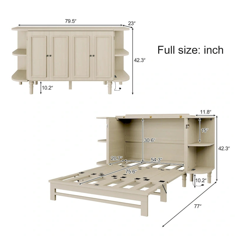 Lit escamotable de ferme, lit pliant plateforme, lit escamotable convertible de style commode/cube avec étagères incurvées et station de recharge