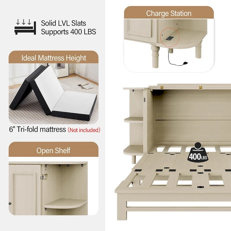 Lit escamotable de ferme, lit pliant plateforme, lit escamotable convertible de style commode/cube avec étagères incurvées et station de recharge