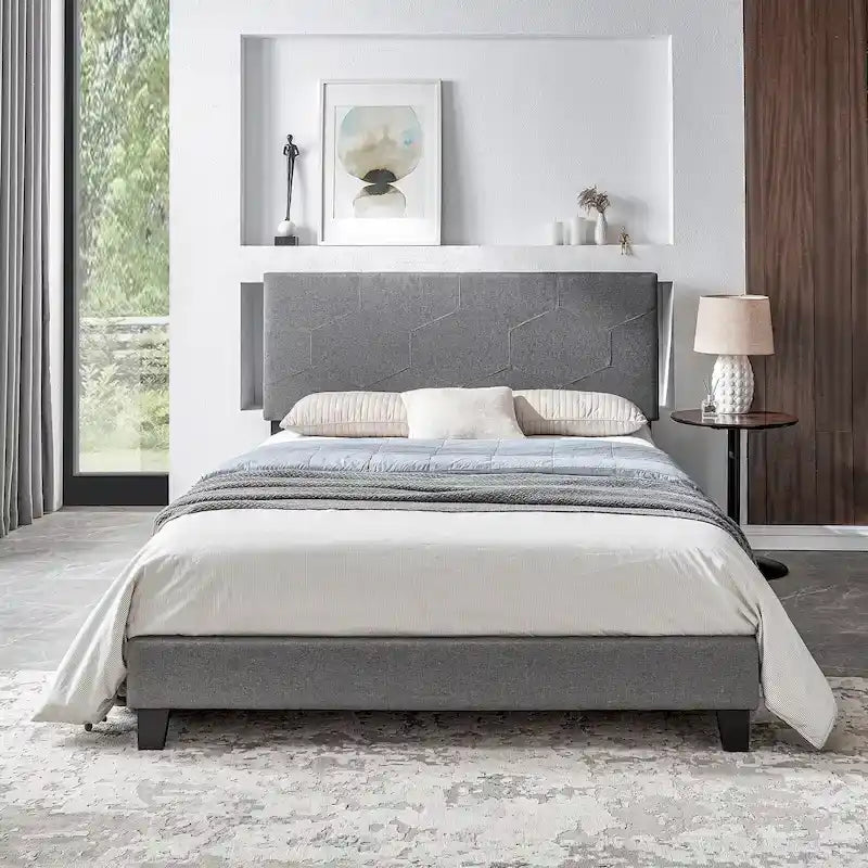Queen Size Upholstered Platform Bed with Wood Slat Support for Bedroom