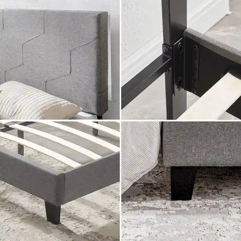 Queen Size Upholstered Platform Bed with Wood Slat Support for Bedroom
