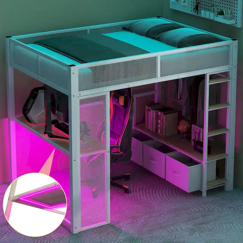 Full Size Metal Gaming Loft Bed with 16-Color LED, Study Desk & 3 Storage Drawers (400lb Capacity)