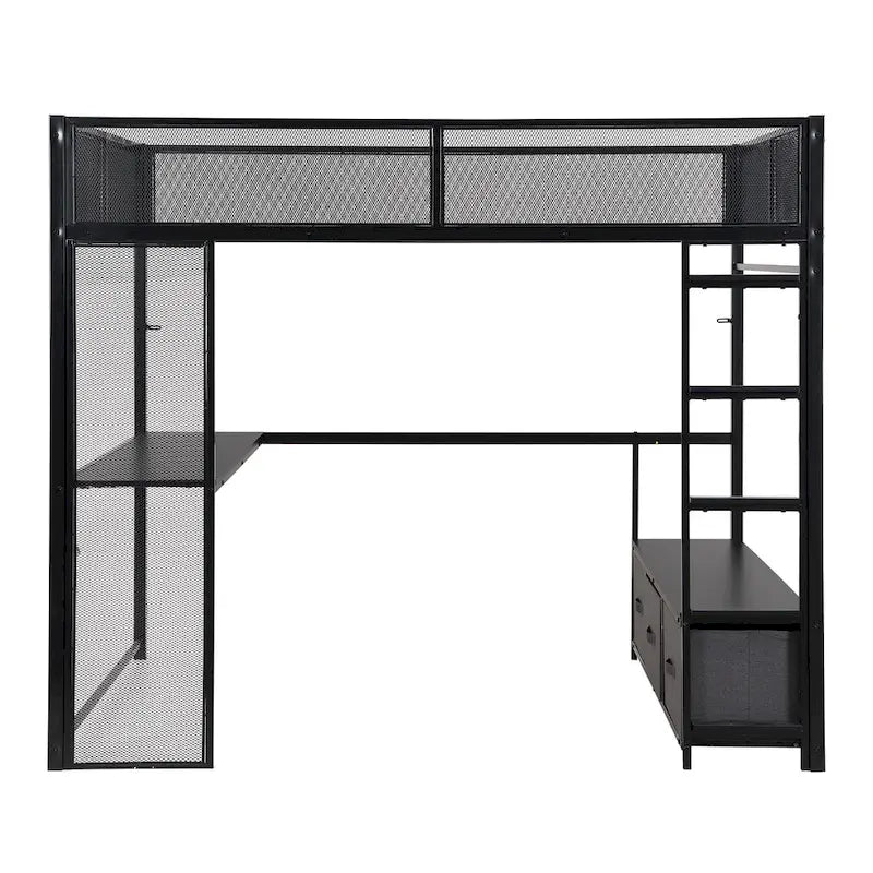 Full Size Metal Gaming Loft Bed with 16-Color LED, Study Desk & 3 Storage Drawers (400lb Capacity)