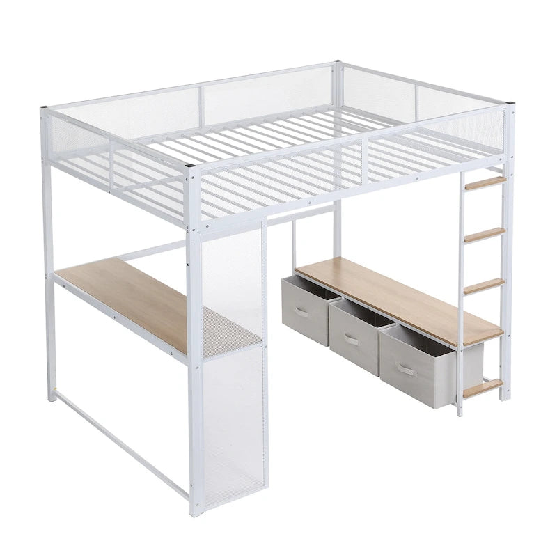 Full Size Metal Gaming Loft Bed with 16-Color LED, Study Desk & 3 Storage Drawers (400lb Capacity)