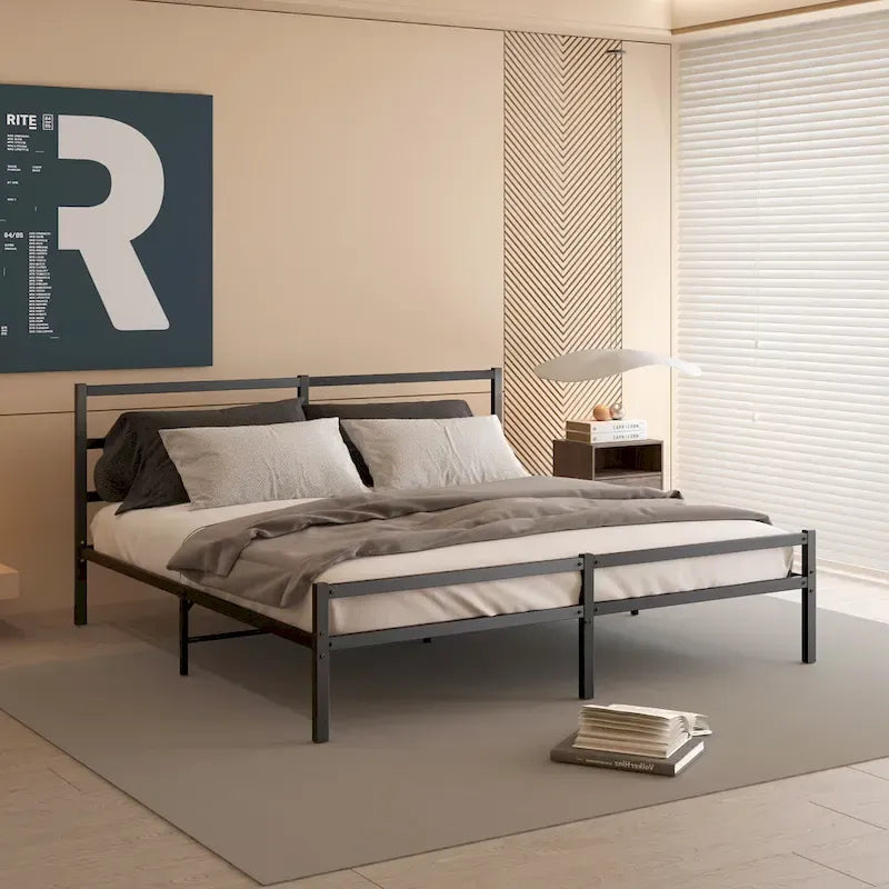 Black Metal King Platform Bed Frame with Headboard - Upgraded Folding Design