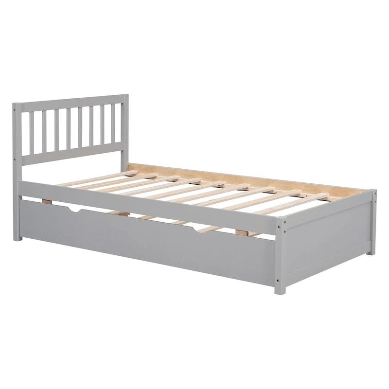 Grey Walnut Rubberwood Twin Size Platform Bed Frame with Trundle, Modern Design, No Box Spring Needed