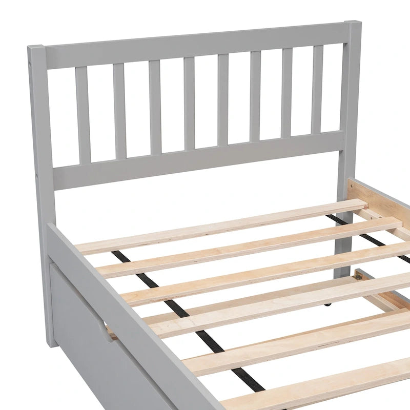Grey Walnut Rubberwood Twin Size Platform Bed Frame with Trundle, Modern Design, No Box Spring Needed