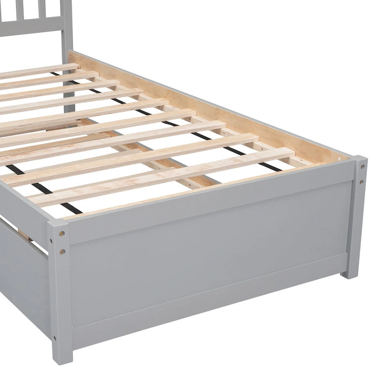 Grey Walnut Rubberwood Twin Size Platform Bed Frame with Trundle, Modern Design, No Box Spring Needed