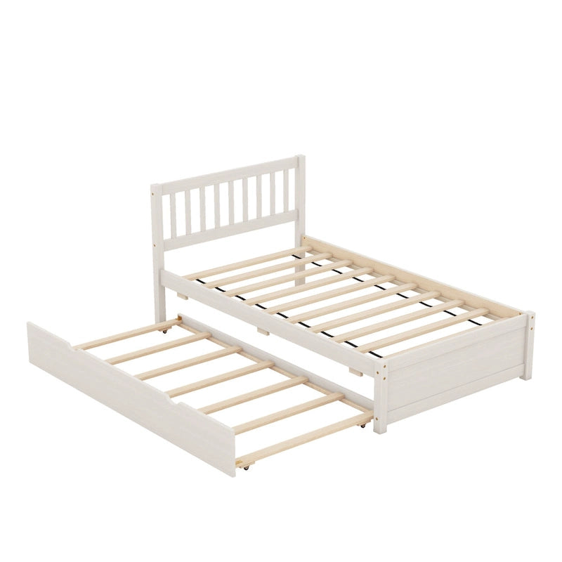 White Walnut Rubberwood Twin Size Platform Bed Frame with Trundle, Modern Design, No Box Spring Needed
