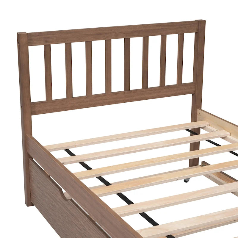Brown Walnut Wooden Twin Platform Bed with Trundle and Fence Headboard - Modern Space-Saving Design
