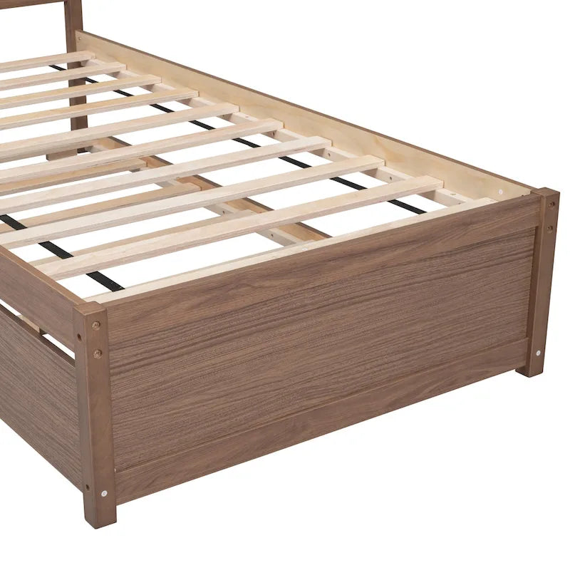 Brown Walnut Wooden Twin Platform Bed with Trundle and Fence Headboard - Modern Space-Saving Design