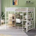 Lit mezzanine en métal blanc grandeur nature avec escalier de rangement et petite armoire, bureau intégré et étagères de rangement