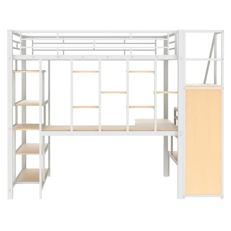 Lit mezzanine en métal blanc grandeur nature avec escalier de rangement et petite armoire, bureau intégré et étagères de rangement