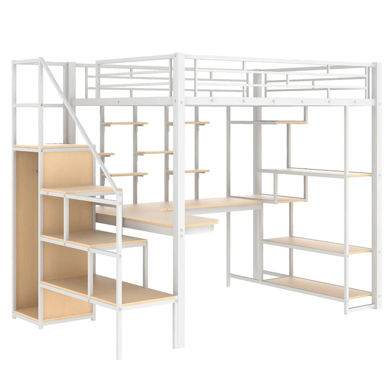 Lit mezzanine en métal blanc grandeur nature avec escalier de rangement et petite armoire, bureau intégré et étagères de rangement
