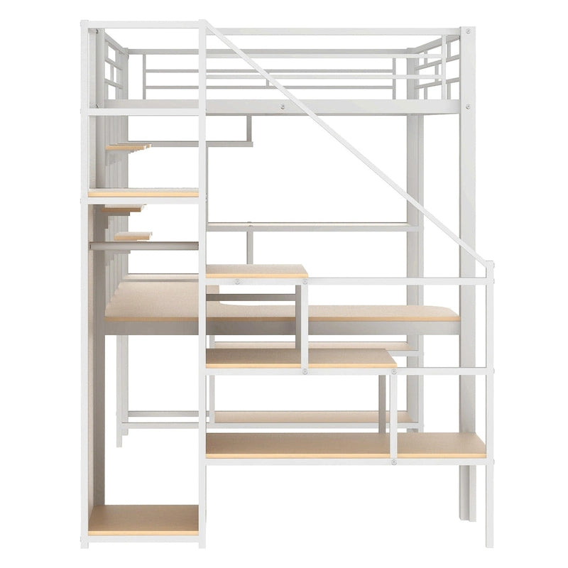 Lit mezzanine en métal blanc grandeur nature avec escalier de rangement et petite armoire, bureau intégré et étagères de rangement