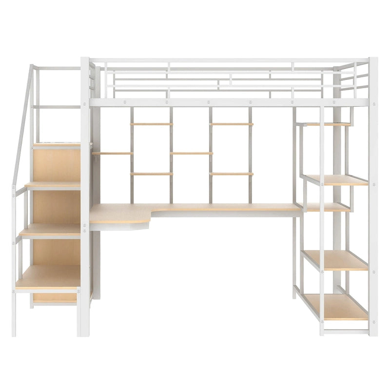 Lit mezzanine en métal blanc grandeur nature avec escalier de rangement et petite armoire, bureau intégré et étagères de rangement