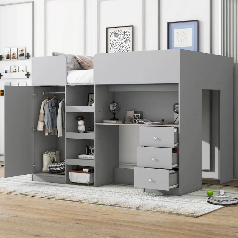 Grey Full Size Solid Wood Loft Bed with Wardrobe, Desk, and Shelves