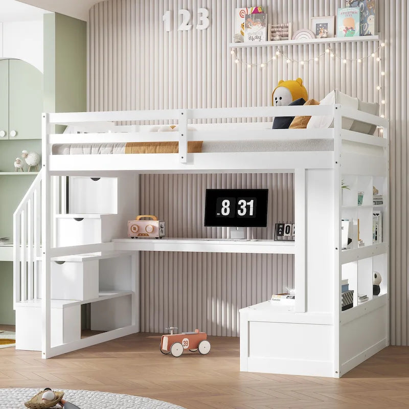 White Full Size Solid Wood Loft Bed with Desk, Shelves, and Drawers