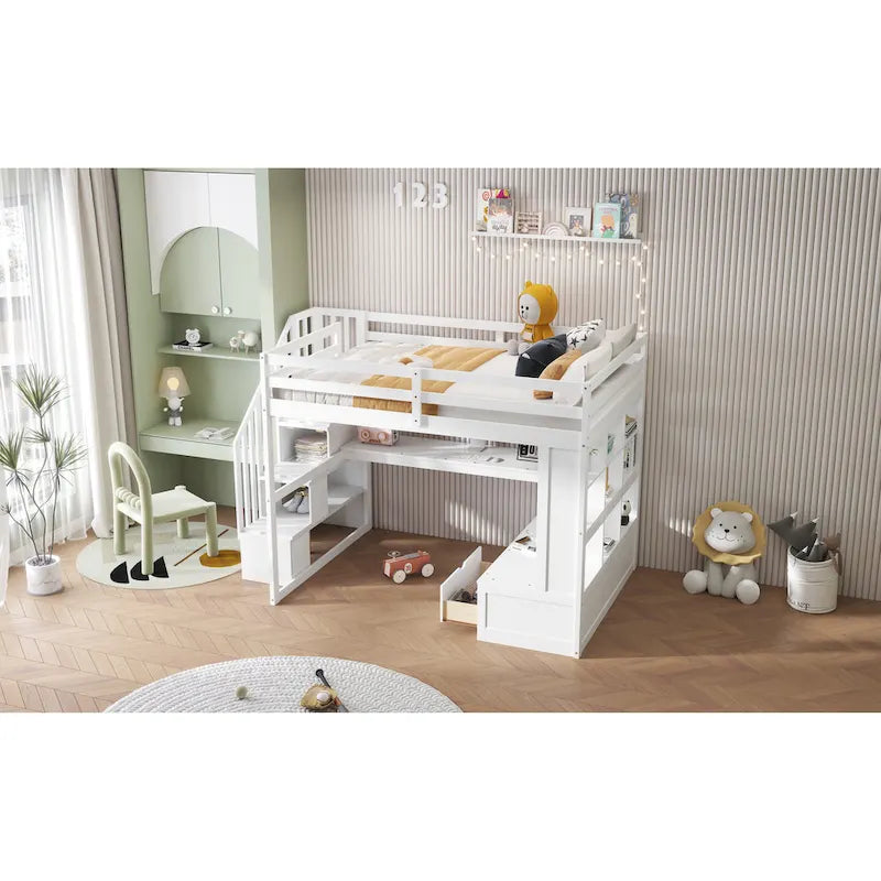 White Full Size Solid Wood Loft Bed with Desk, Shelves, and Drawers