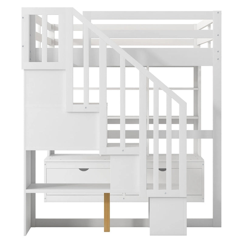 White Full Size Solid Wood Loft Bed with Desk, Shelves, and Drawers