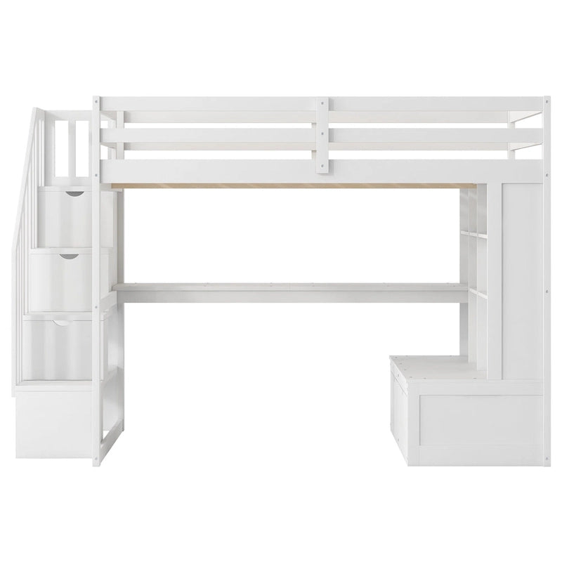 White Full Size Solid Wood Loft Bed with Desk, Shelves, and Drawers