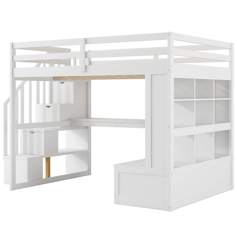 White Full Size Solid Wood Loft Bed with Desk, Shelves, and Drawers