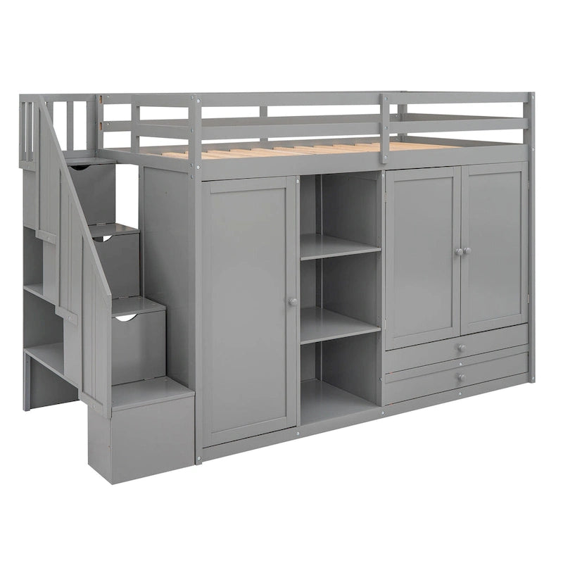 Full Pine Loft Bed with Shelves and Wardrobes