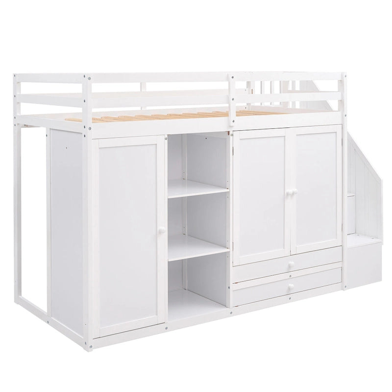 Full Pine Loft Bed with Shelves and Wardrobes