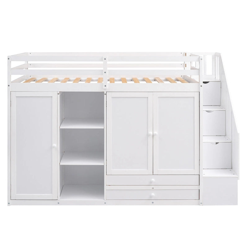 Full Pine Loft Bed with Shelves and Wardrobes