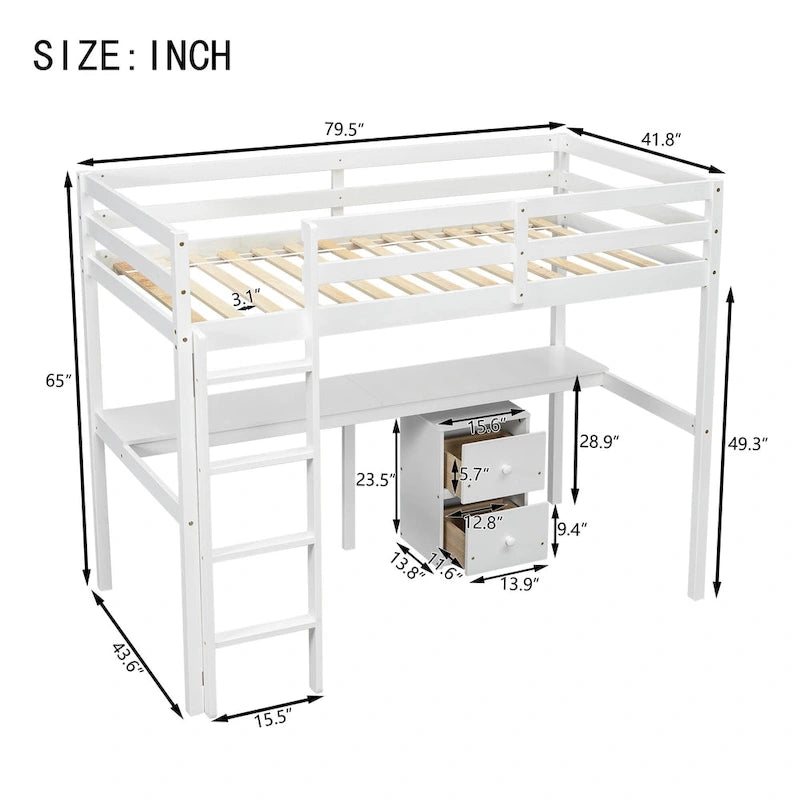 White Twin Size Wood Loft Bed with Desk, Storage, and Ladder