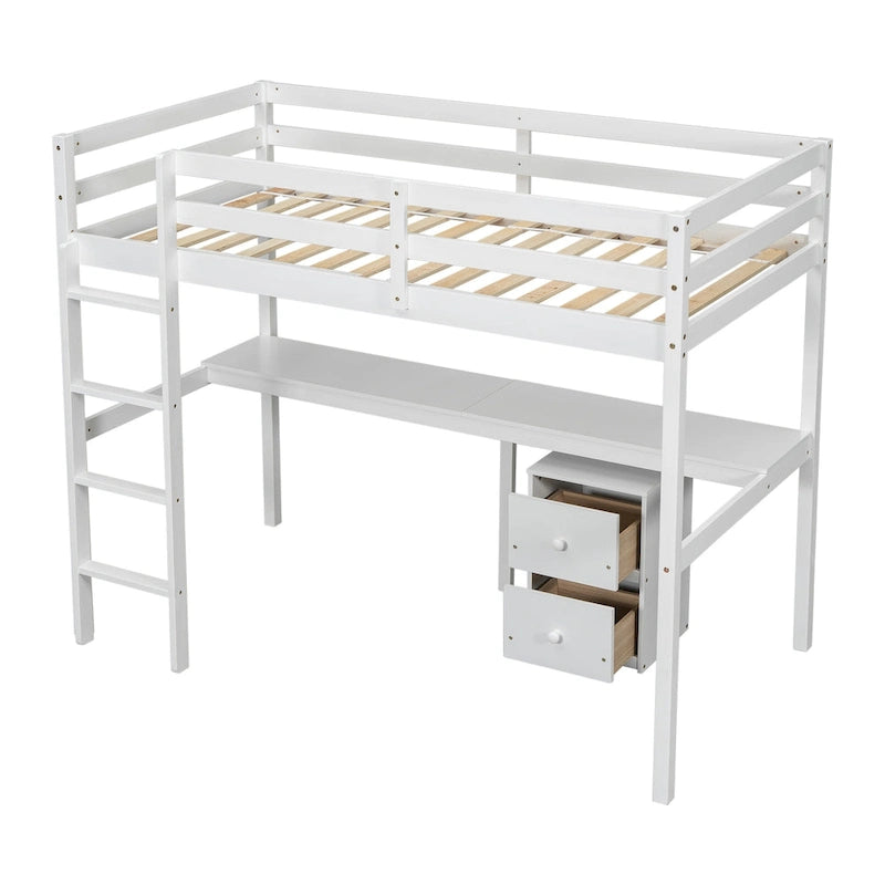 White Twin Size Wood Loft Bed with Desk, Storage, and Ladder