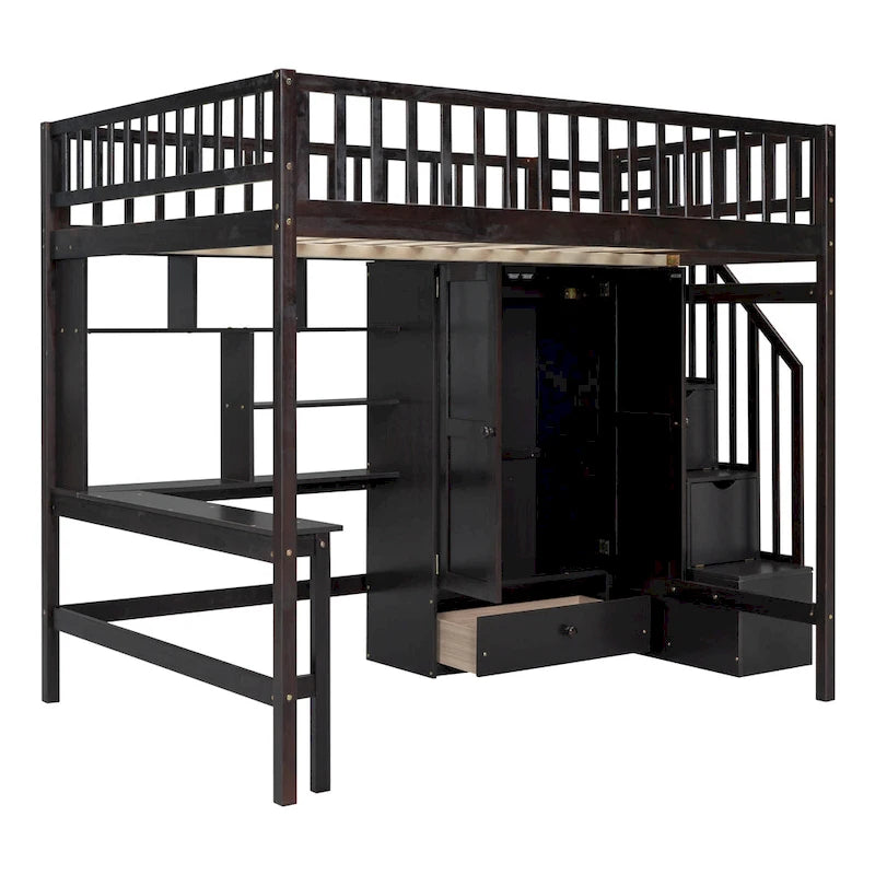 Full Pine Loft Bed with Desk and Storage