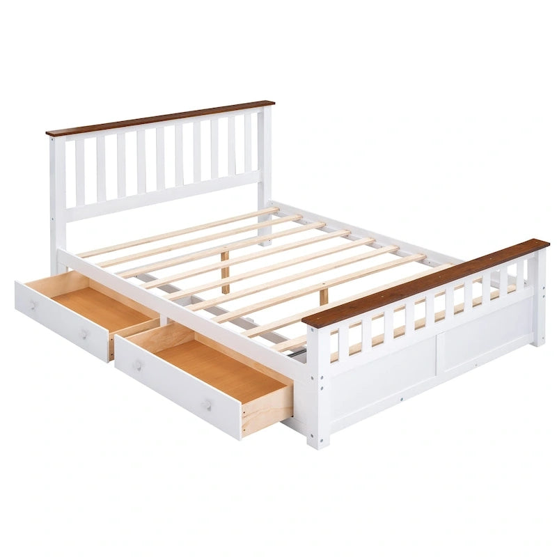 Queen Wooden Platform Bed with Drawers, Headboard, and Footboard