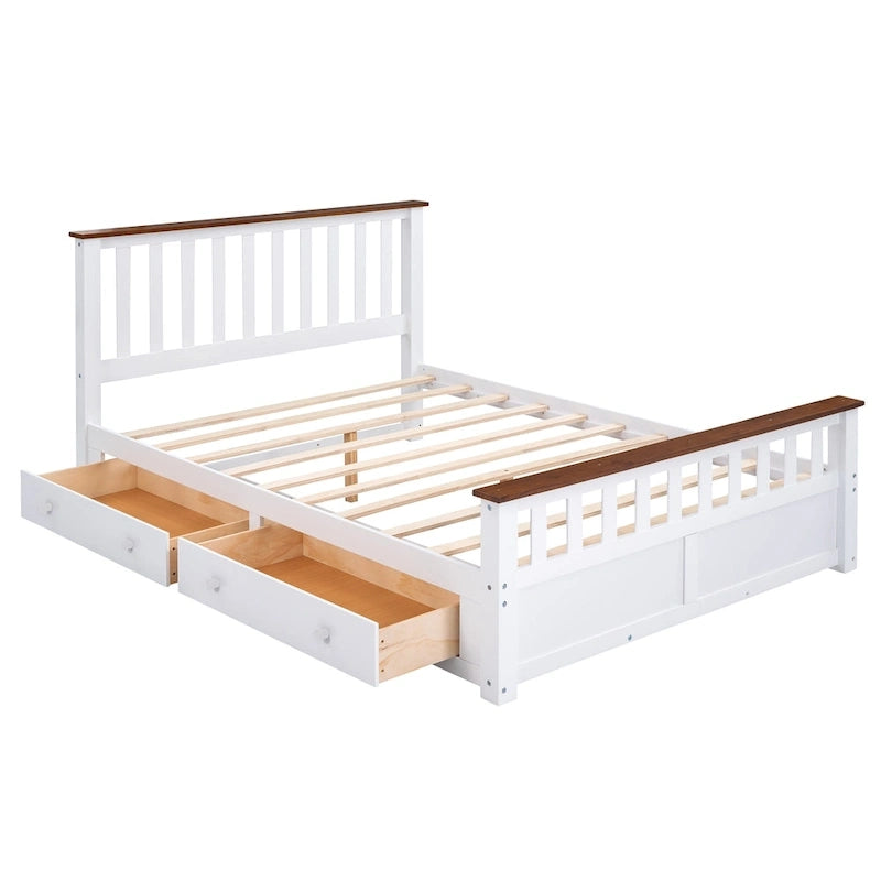 Queen Wooden Platform Bed with Drawers, Headboard, and Footboard