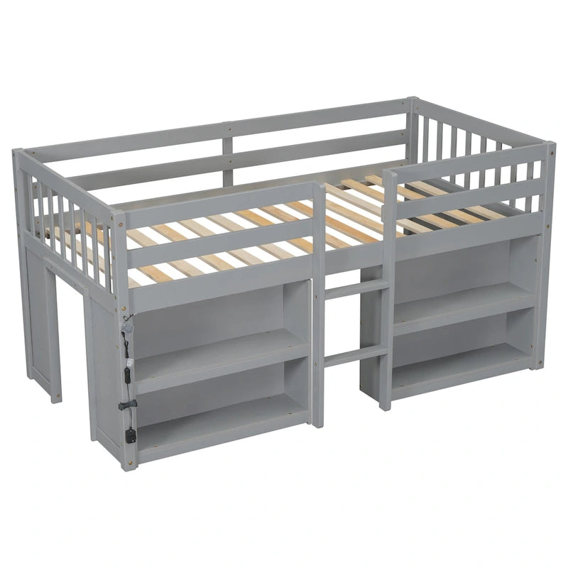 Grey Twin Wood Low Loft Bed with Shelves & LED Light