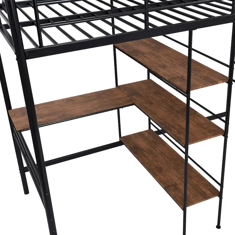 Twin Metal Loft Bed with Desk & Shelves
