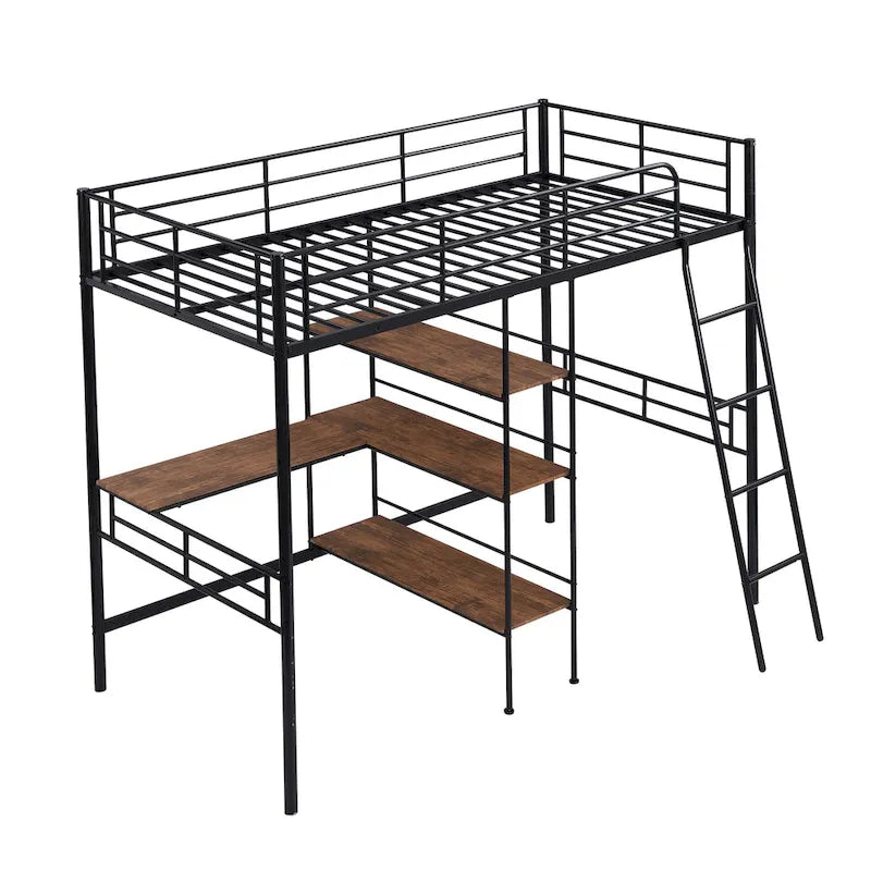 Twin Metal Loft Bed with Desk & Shelves