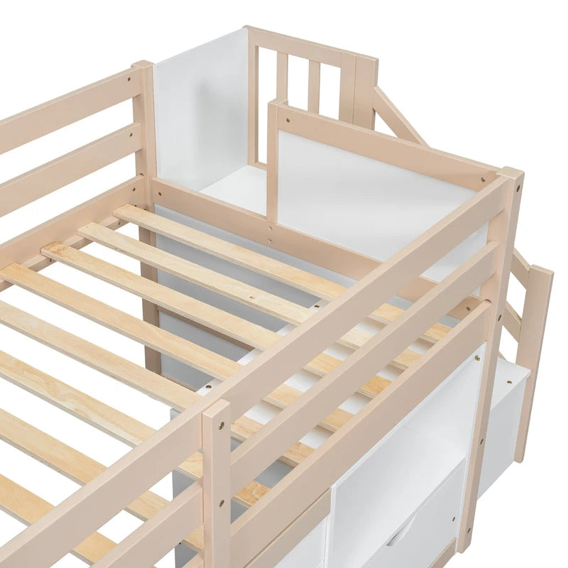 Twin Solid Wood Low Loft Bed with Stair & Drawer