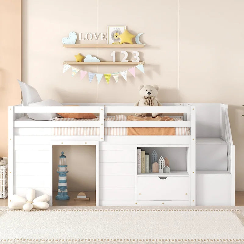 Twin Solid Wood Low Loft Bed with Stair & Drawer