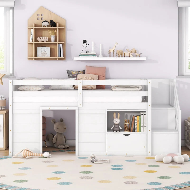 Twin Solid Wood Low Loft Bed with Stair & Drawer