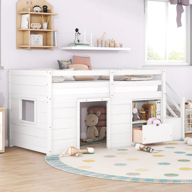 Twin Solid Wood Low Loft Bed with Stair & Drawer