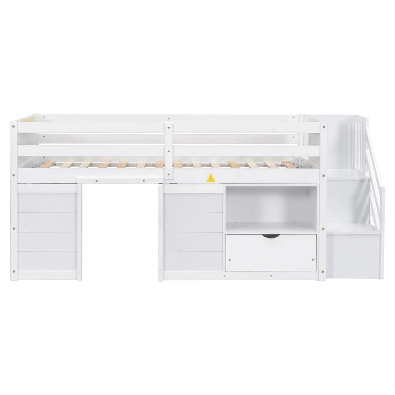 Twin Solid Wood Low Loft Bed with Stair & Drawer