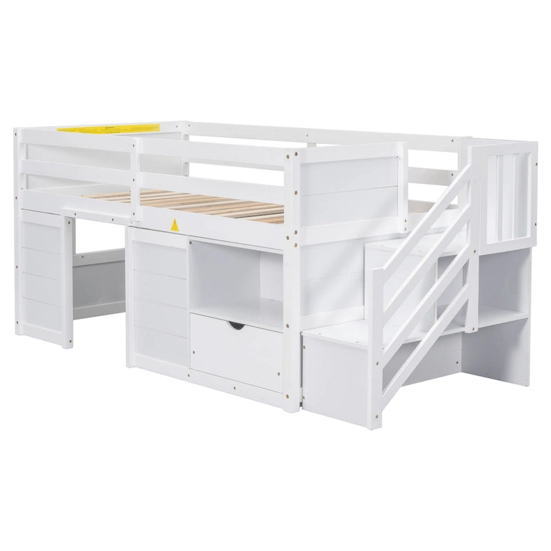 Twin Solid Wood Low Loft Bed with Stair & Drawer