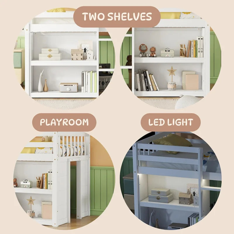 Twin Wood Low Loft Bed with Shelves & LED Light