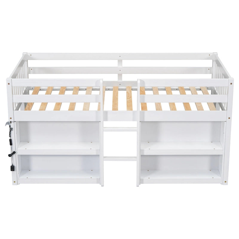 Twin Wood Low Loft Bed with Shelves & LED Light