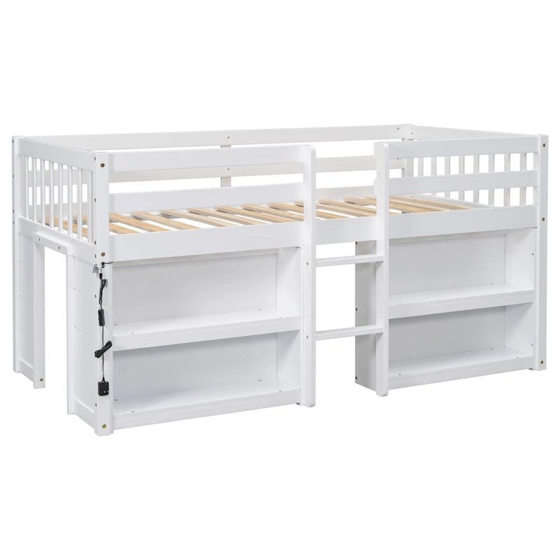 Twin Wood Low Loft Bed with Shelves & LED Light