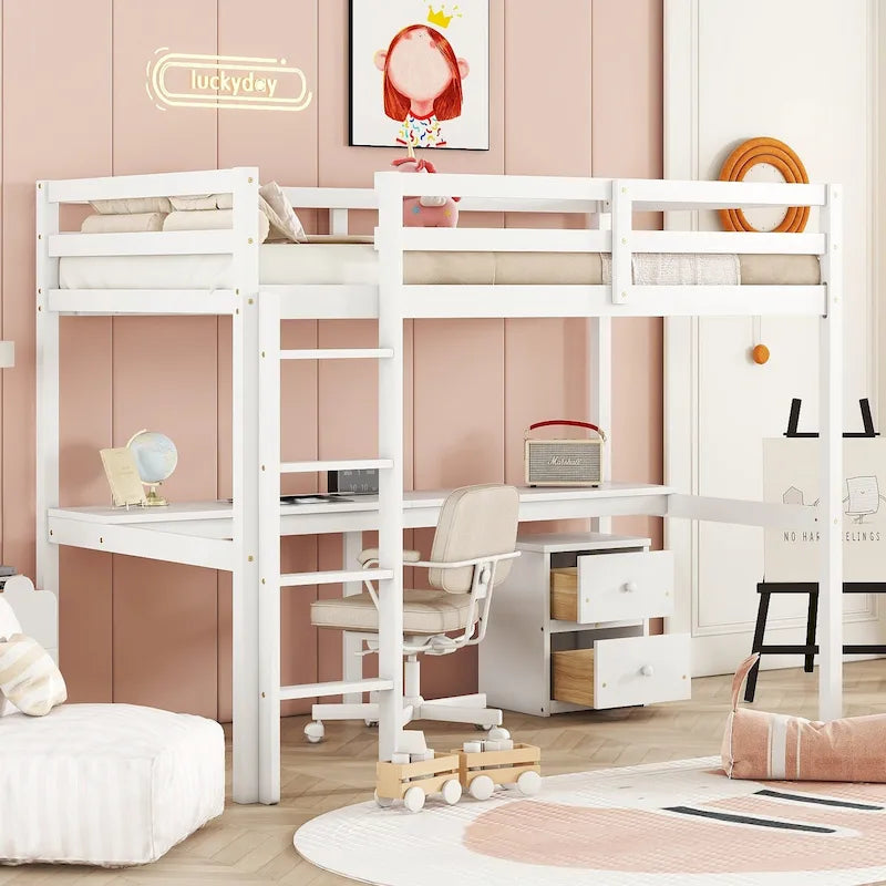 White Twin Wood Loft Bed with Desk, Storage & Guardrails