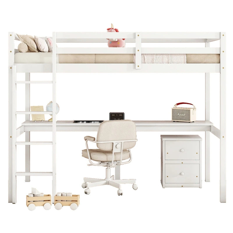White Twin Wood Loft Bed with Desk, Storage & Guardrails