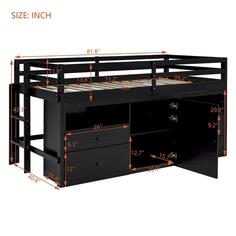 Twin Size Solid Wood Loft Bed with Drawers and Cabinets