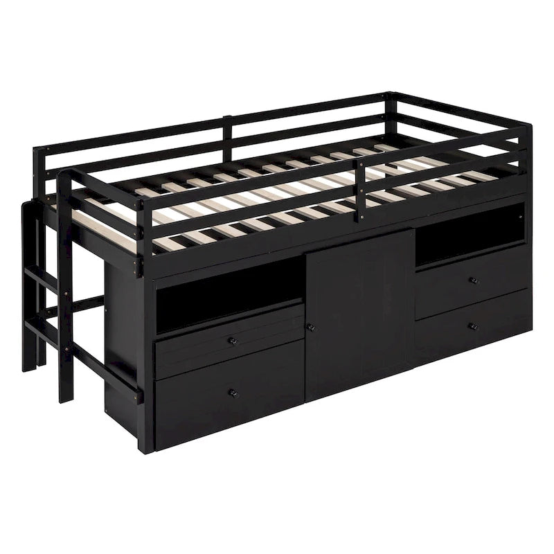 Twin Size Solid Wood Loft Bed with Drawers and Cabinets