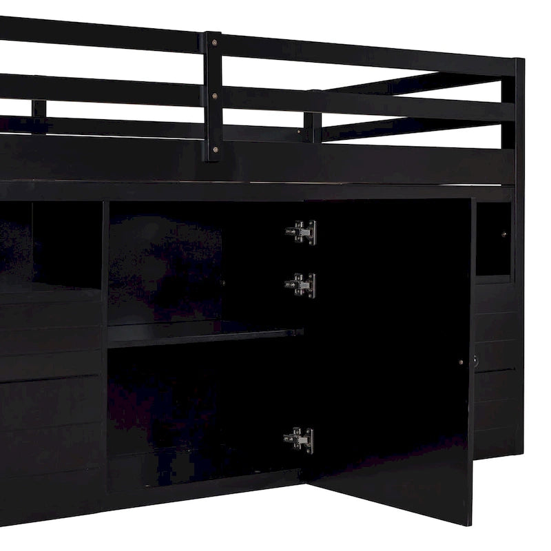 Twin Size Solid Wood Loft Bed with Drawers and Cabinets